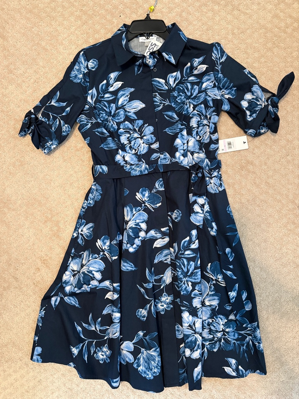 Calvin Klein Navy Floral Button-Front Midi Shirt Dress